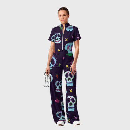 Women's Slim Fit Wide Leg Zip Neck Halloween Printed Scrub Jumpsuit SJ92510