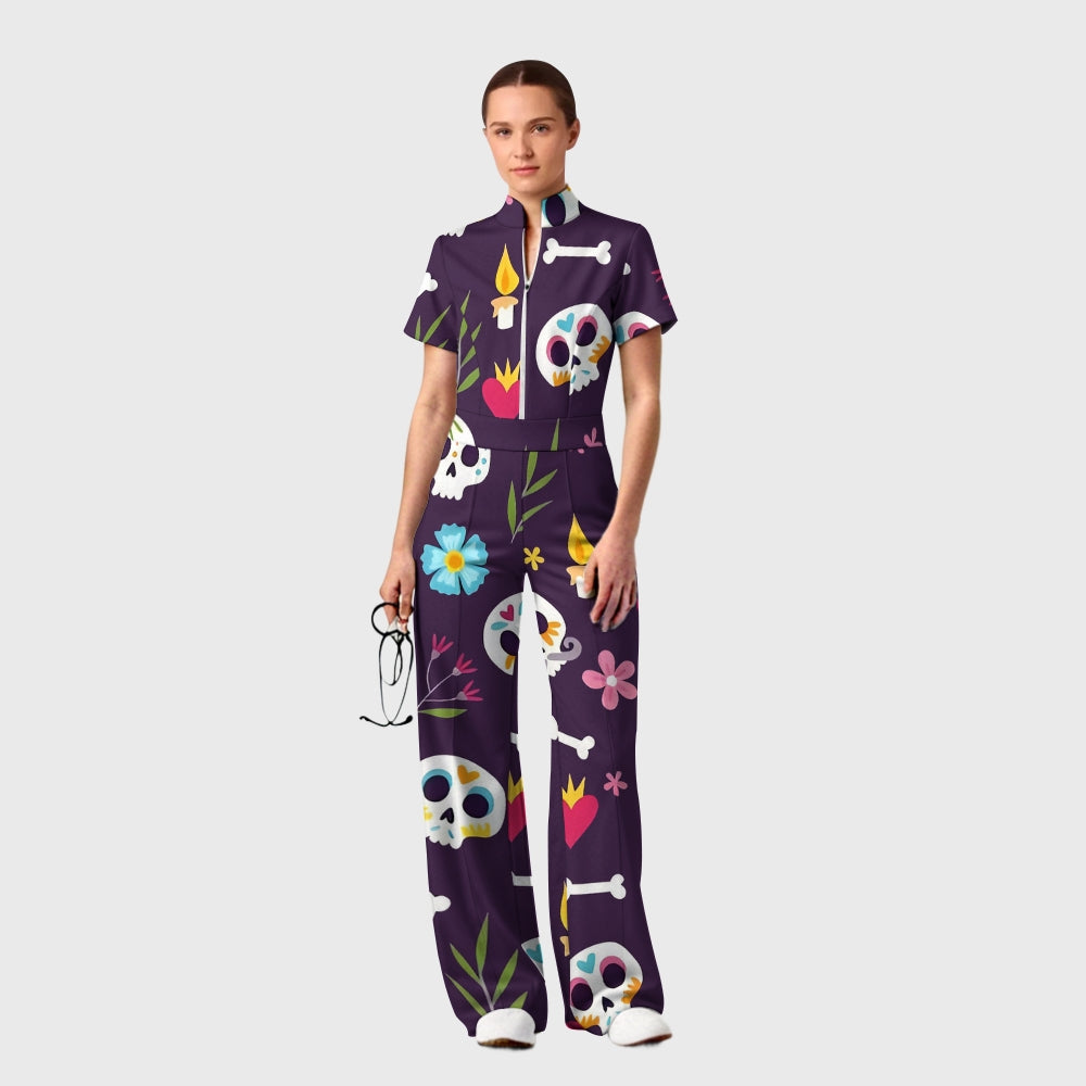 Women's Slim Fit Wide Leg Zip Neck Halloween Printed Scrub Jumpsuit SJ92511