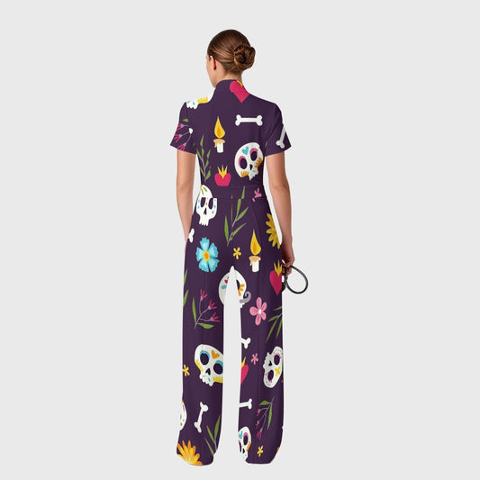 Women's Slim Fit Wide Leg Zip Neck Halloween Printed Scrub Jumpsuit SJ92511