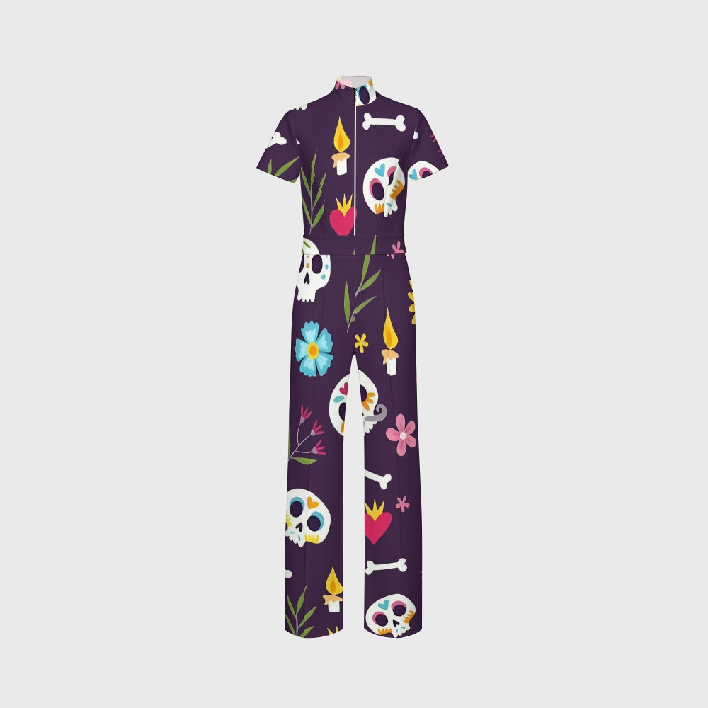 Women's Slim Fit Wide Leg Zip Neck Halloween Printed Scrub Jumpsuit SJ92511
