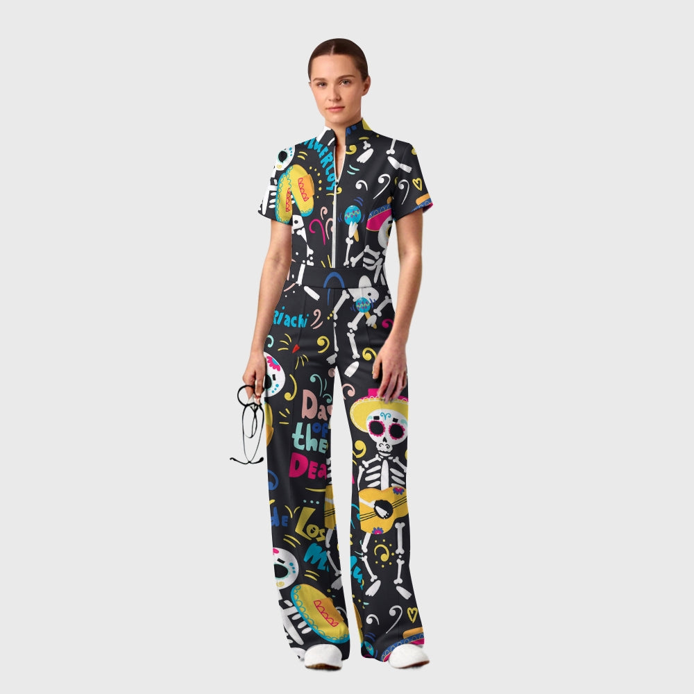 Women's Slim Fit Wide Leg Zip Neck Halloween Printed Scrub Jumpsuit SJ92512
