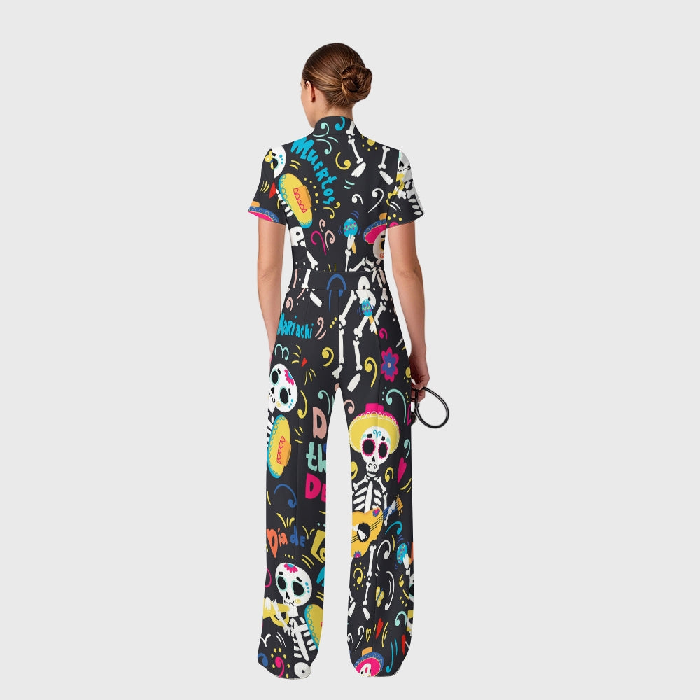 Women's Slim Fit Wide Leg Zip Neck Halloween Printed Scrub Jumpsuit SJ92512