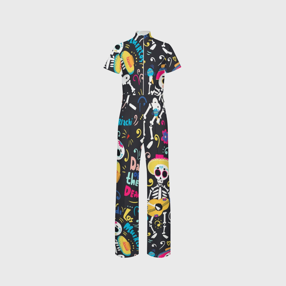 Women's Slim Fit Wide Leg Zip Neck Halloween Printed Scrub Jumpsuit SJ92512