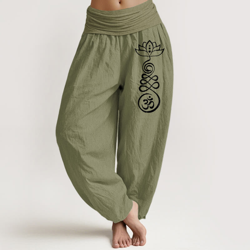 Plain Lotus Om Pattern Women's Elastic Waist Harem Cotton Pants