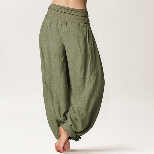 Plain Lotus Om Pattern Women's Elastic Waist Harem Cotton Pants