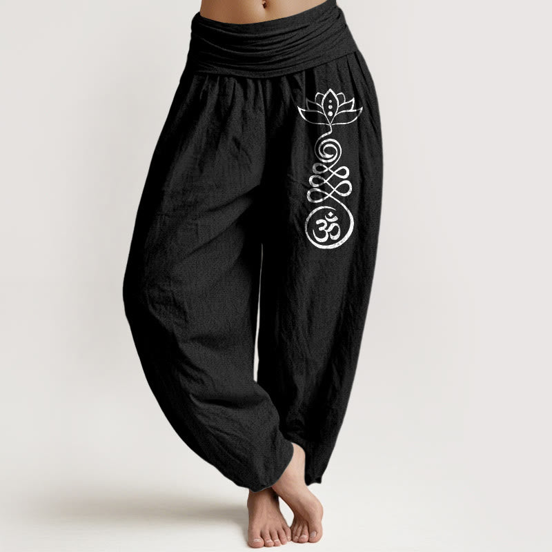 Plain Lotus Om Pattern Women's Elastic Waist Harem Cotton Pants