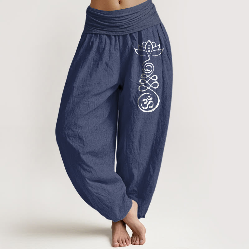Plain Lotus Om Pattern Women's Elastic Waist Harem Cotton Pants