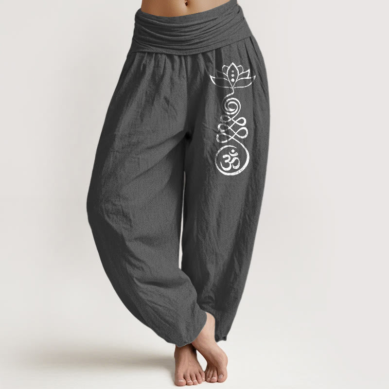 Plain Lotus Om Pattern Women's Elastic Waist Harem Cotton Pants