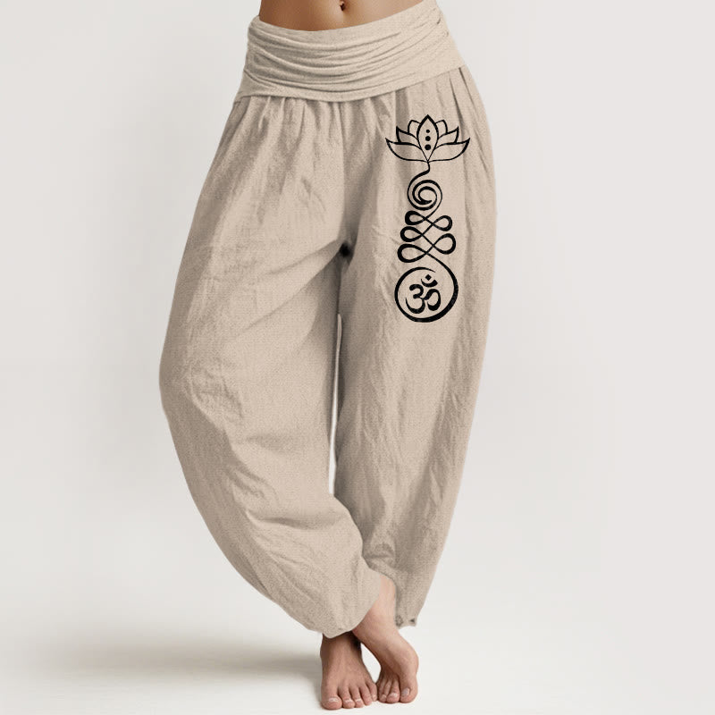 Plain Lotus Om Pattern Women's Elastic Waist Harem Cotton Pants