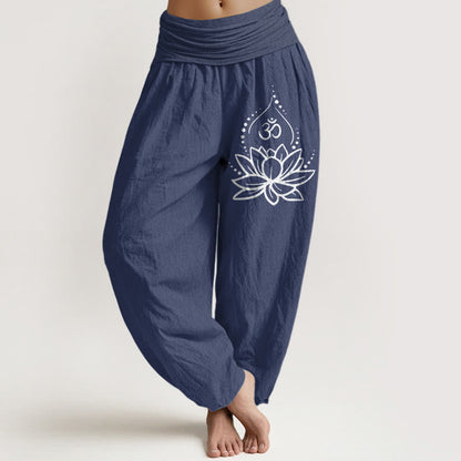 Blooming Lotus Om Symbol Pattern Women's Elastic Waist Harem Cotton Pants