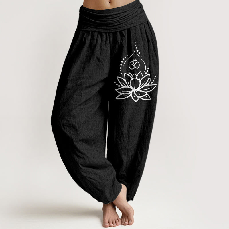 Blooming Lotus Om Symbol Pattern Women's Elastic Waist Harem Cotton Pants