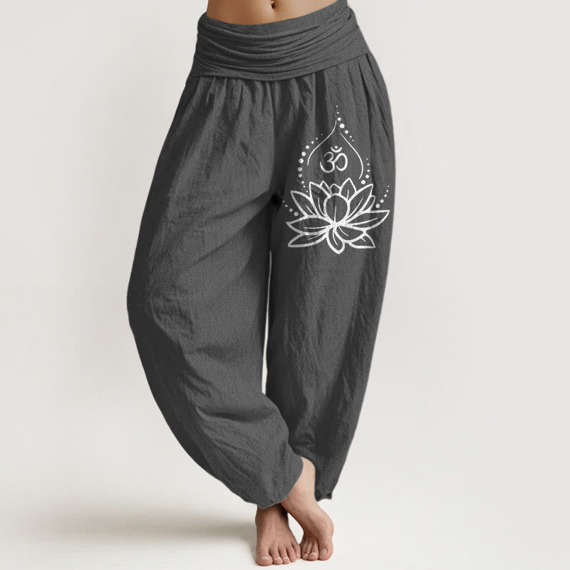 Blooming Lotus Om Symbol Pattern Women's Elastic Waist Harem Cotton Pants