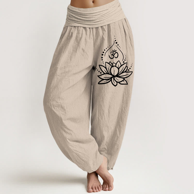 Blooming Lotus Om Symbol Pattern Women's Elastic Waist Harem Cotton Pants