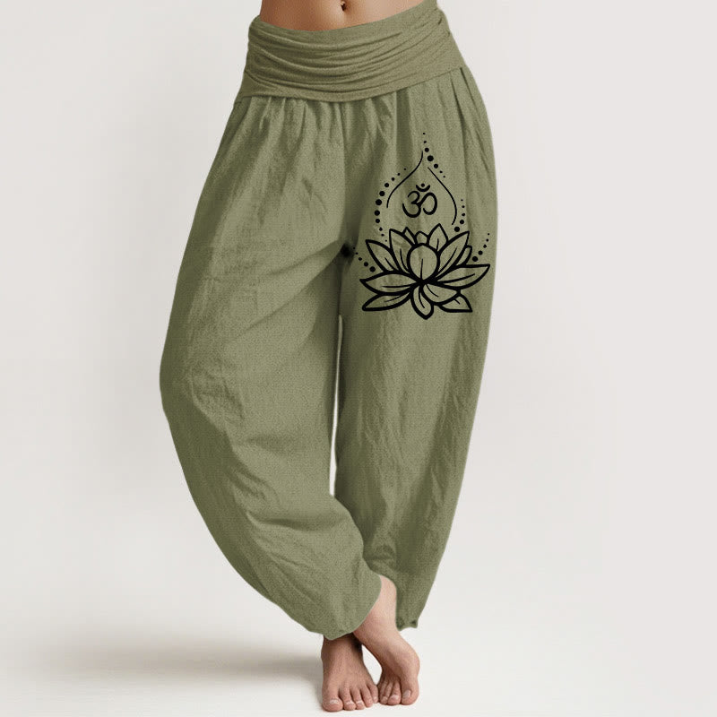 Blooming Lotus Om Symbol Pattern Women's Elastic Waist Harem Cotton Pants