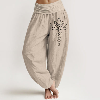 Lotus Unalome Symbol Pattern Women's Elastic Waist Harem Pure Cotton Pants