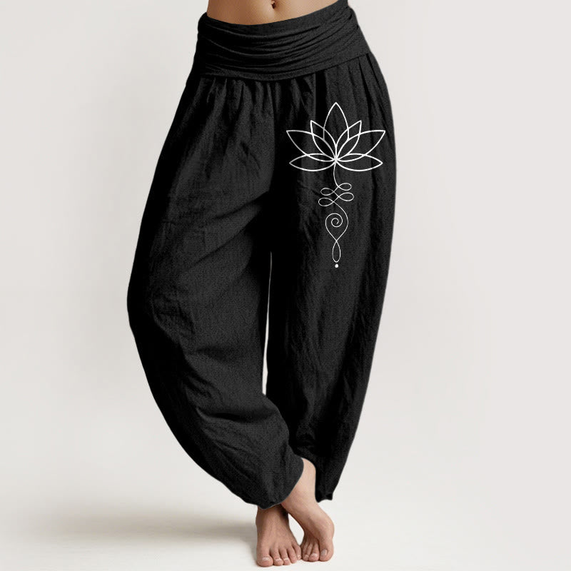 Lotus Unalome Symbol Pattern Women's Elastic Waist Harem Pure Cotton Pants