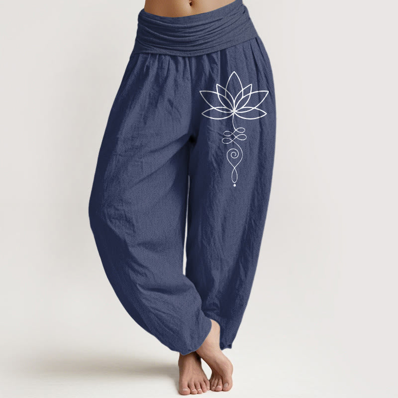 Lotus Unalome Symbol Pattern Women's Elastic Waist Harem Pure Cotton Pants