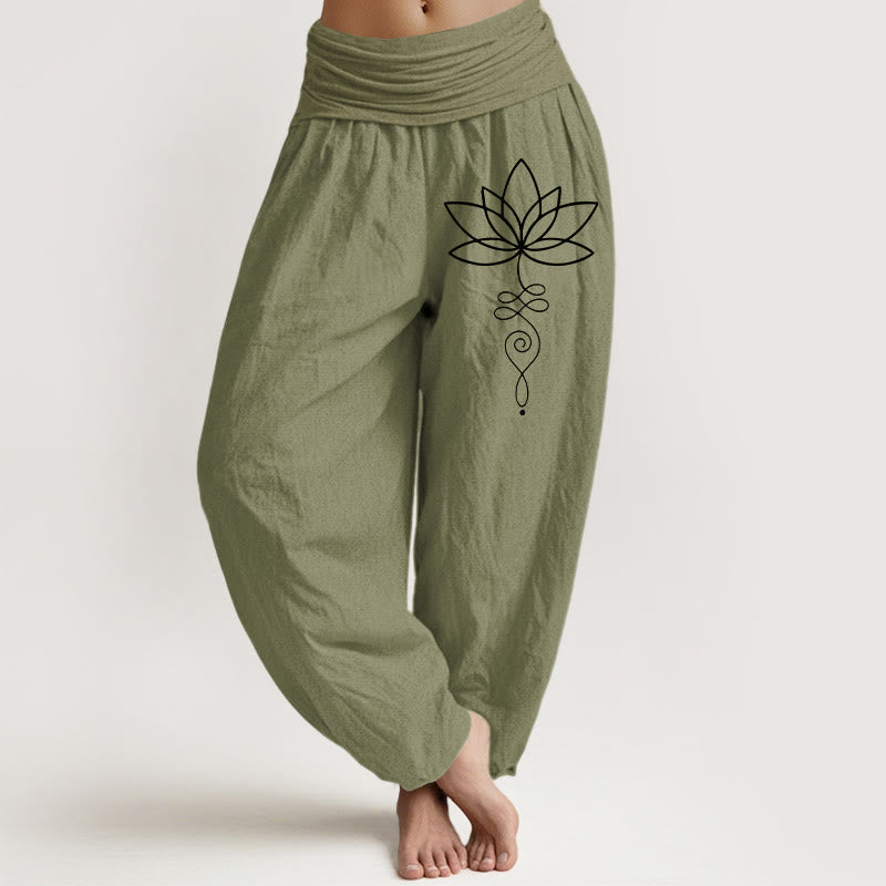 Lotus Unalome Symbol Pattern Women's Elastic Waist Harem Pure Cotton Pants