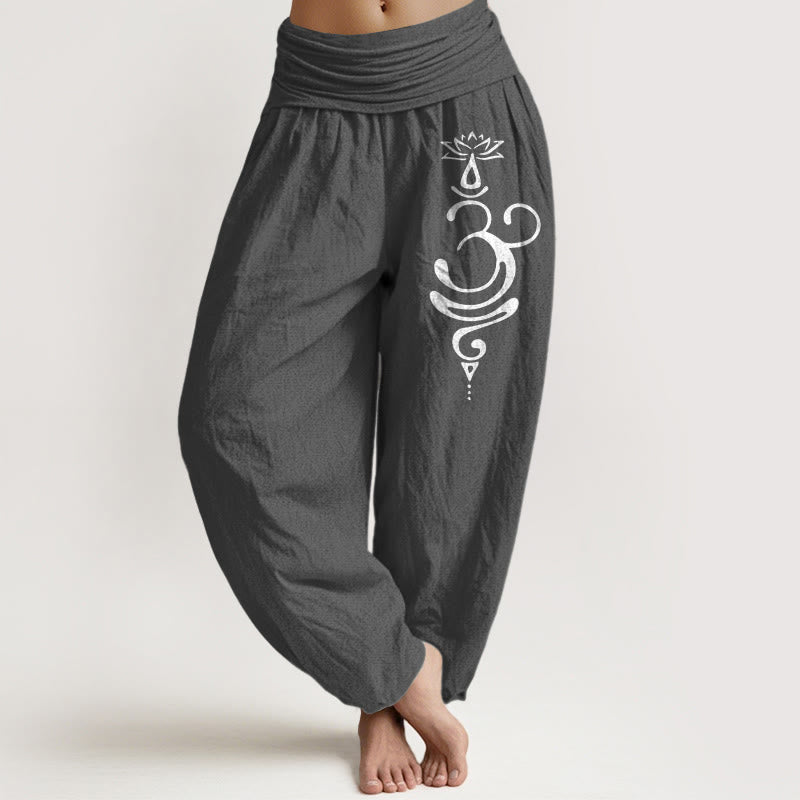 Lotus Flower Unalome Symbol Pattern Pure Cotton Women's Elastic Waist Harem Pants