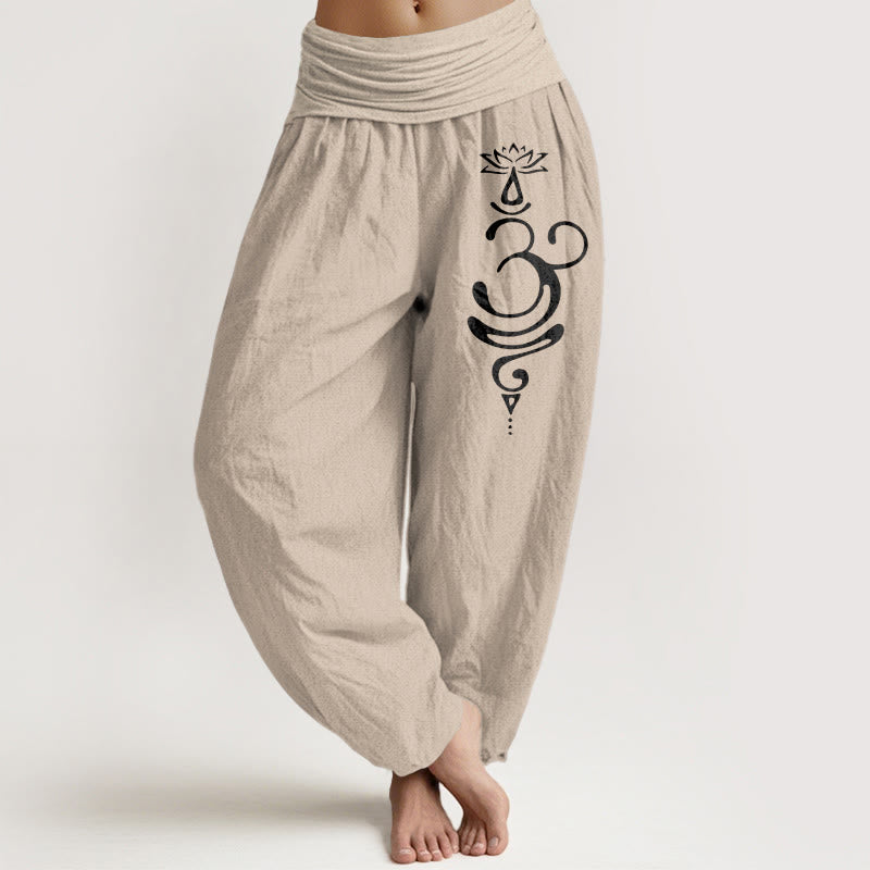 Lotus Flower Unalome Symbol Pattern Pure Cotton Women's Elastic Waist Harem Pants