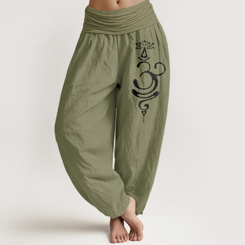Lotus Flower Unalome Symbol Pattern Pure Cotton Women's Elastic Waist Harem Pants