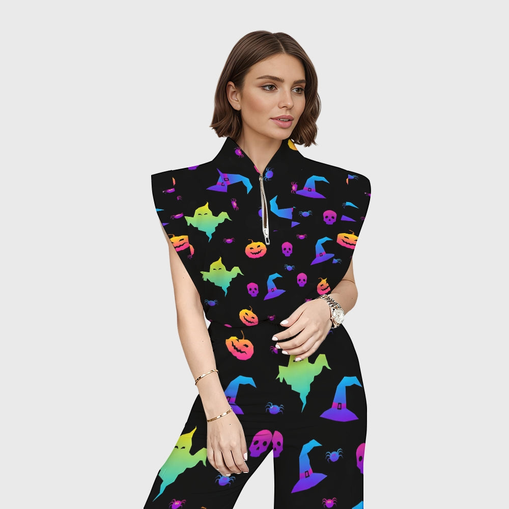 Women's Stand-Up Tie Zipper Halloween Printed Scrub Set SW9271
