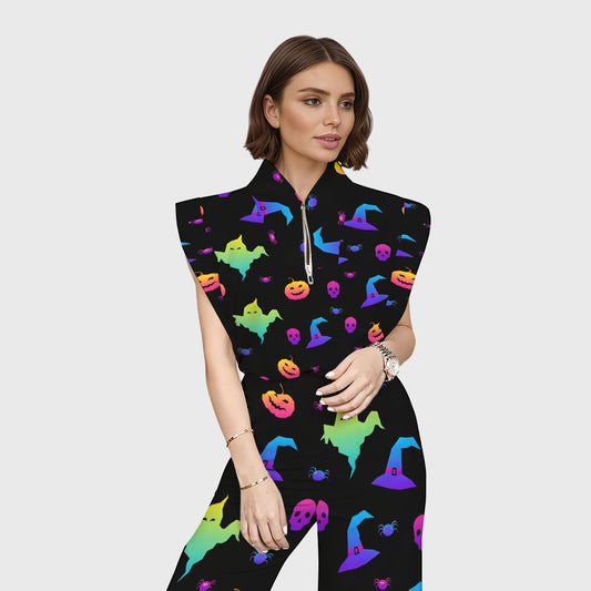 Women's Stand-Up Tie Zipper Halloween Printed Scrub Set SW9271