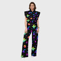 Women's Stand-Up Tie Zipper Halloween Printed Scrub Set SW9271