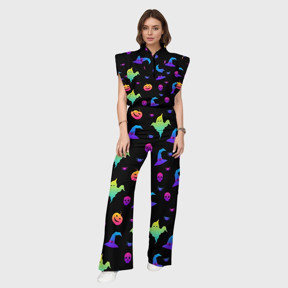 Women's Stand-Up Tie Zipper Halloween Printed Scrub Set SW9271