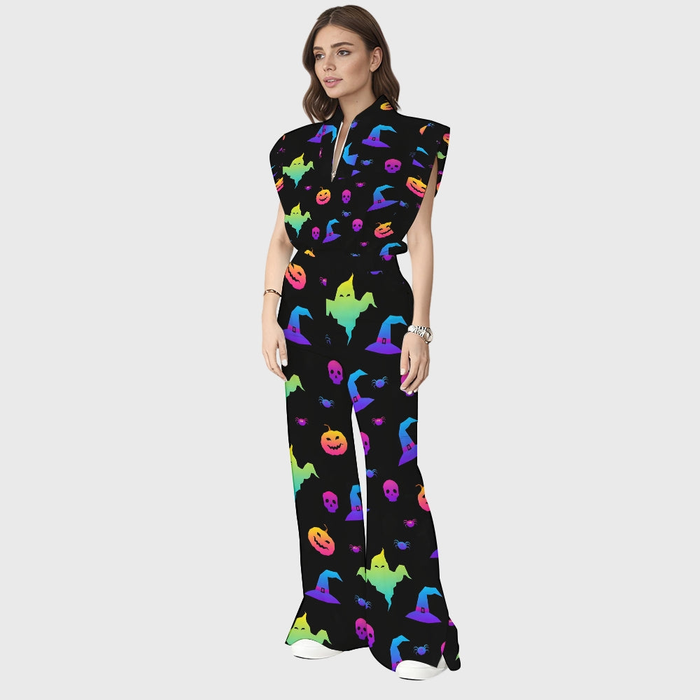 Women's Stand-Up Tie Zipper Halloween Printed Scrub Set SW9271