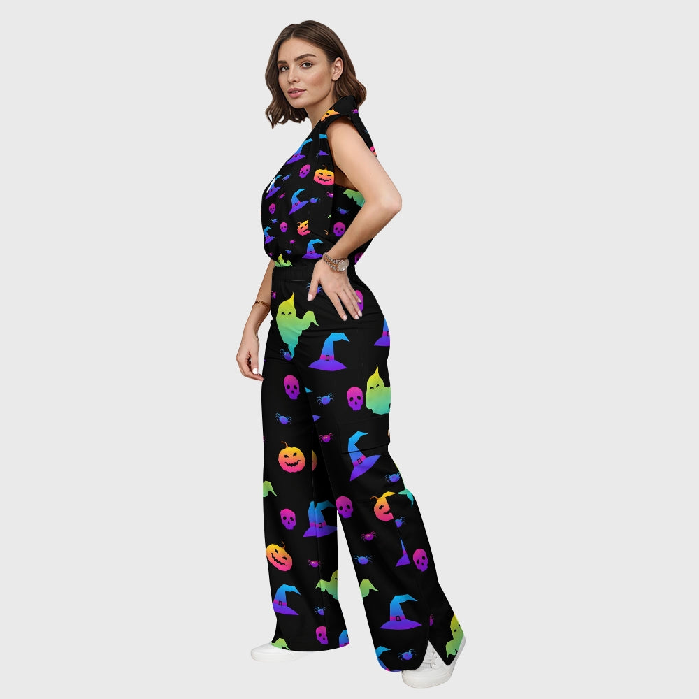 Women's Stand-Up Tie Zipper Halloween Printed Scrub Set SW9271