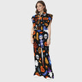 Women's Stand-Up Tie Zipper Halloween Printed Scrub Set SW9272