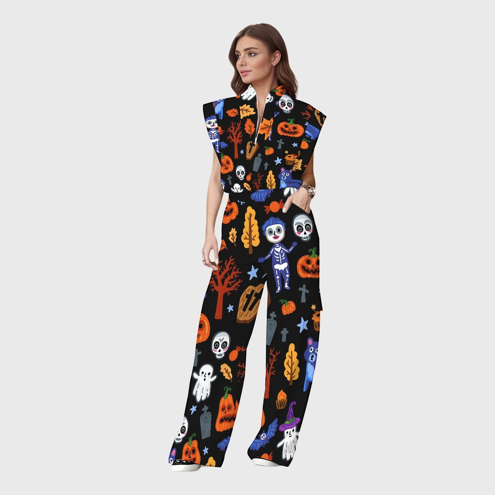 Women's Stand-Up Tie Zipper Halloween Printed Scrub Set SW9272