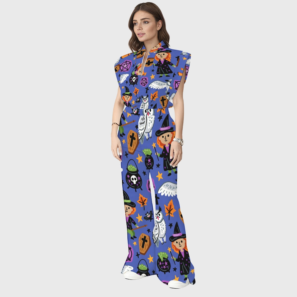 Women's Stand-Up Tie Zipper Halloween Printed Scrub Set SW9273