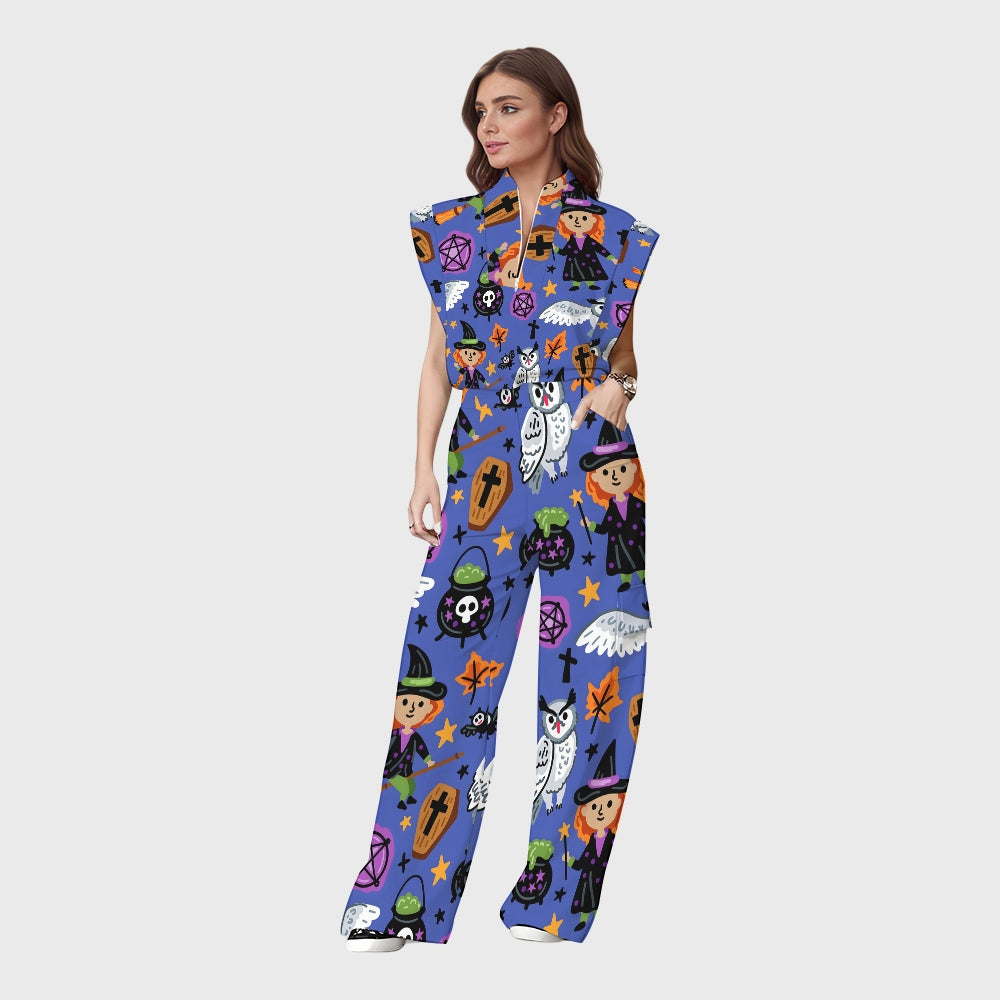 Women's Stand-Up Tie Zipper Halloween Printed Scrub Set SW9273
