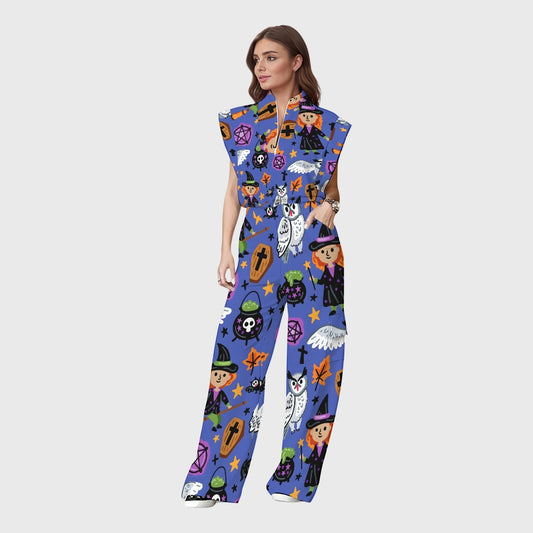 Women's Stand-Up Tie Zipper Halloween Printed Scrub Set SW9273
