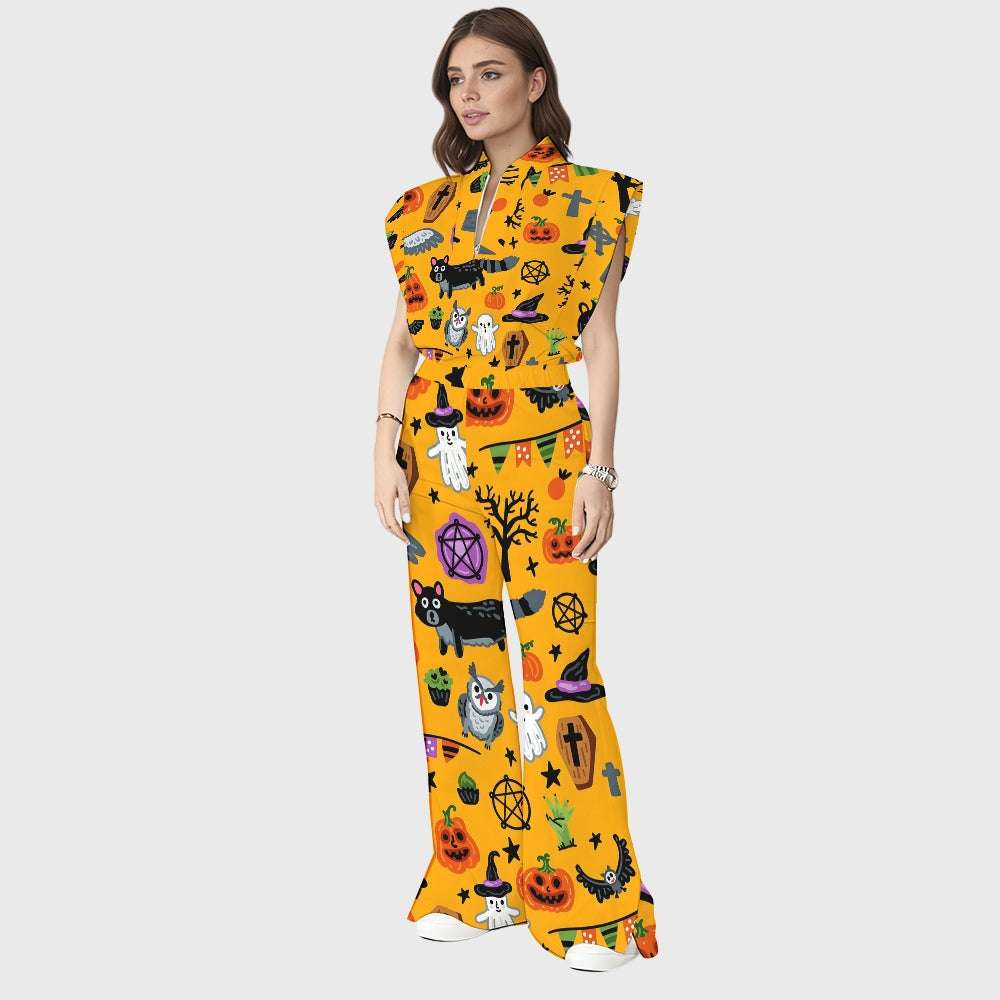 Women's Stand-Up Tie Zipper Halloween Printed Scrub Set SW9274