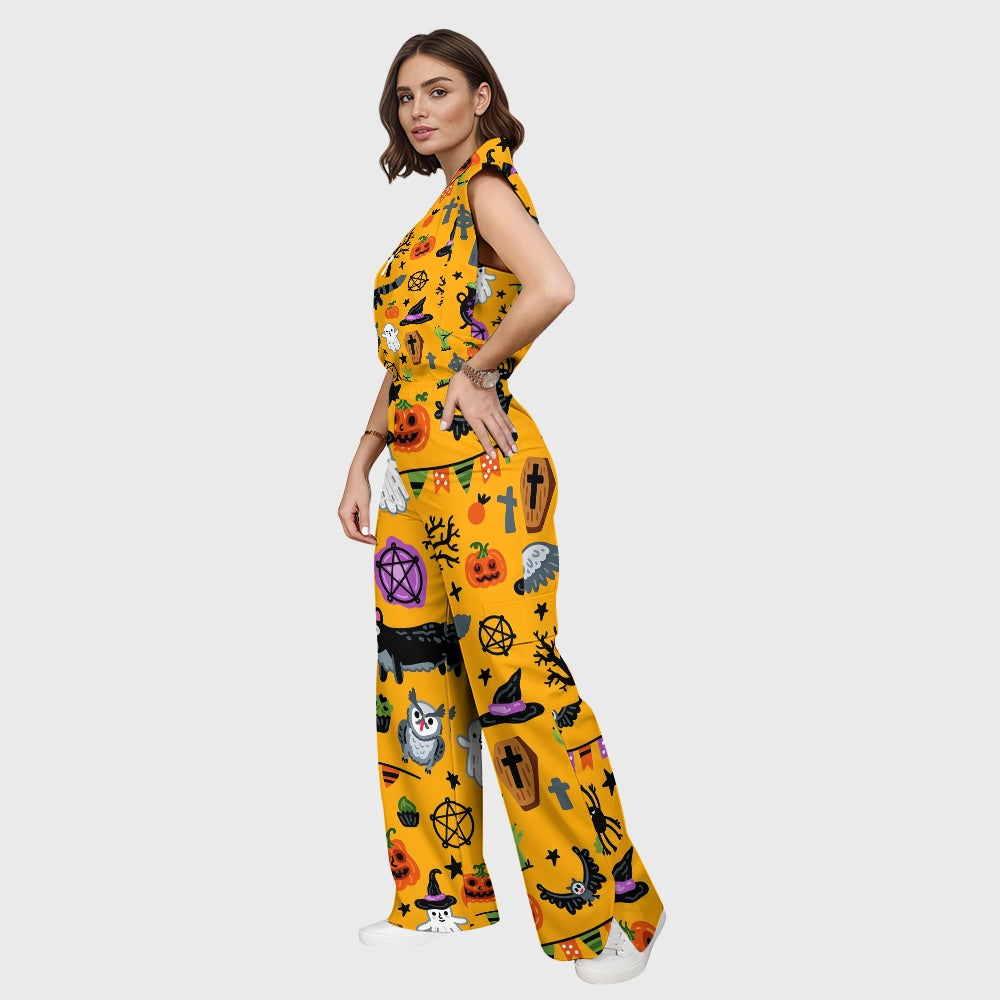 Women's Stand-Up Tie Zipper Halloween Printed Scrub Set SW9274
