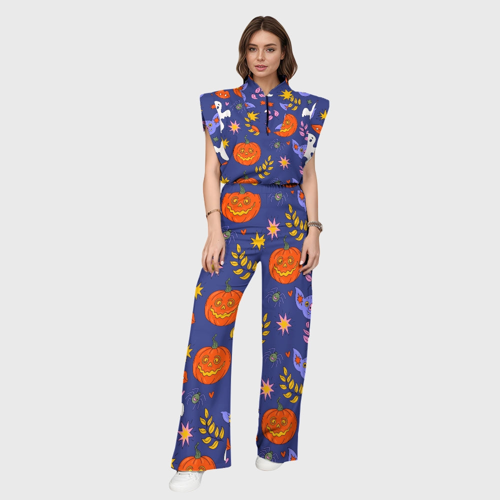 Women's Stand-Up Tie Zipper Halloween Printed Scrub Set SW9275