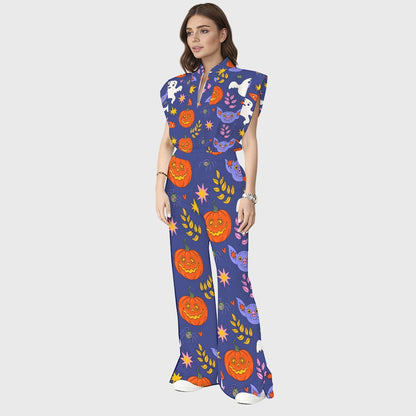Women's Stand-Up Tie Zipper Halloween Printed Scrub Set SW9275
