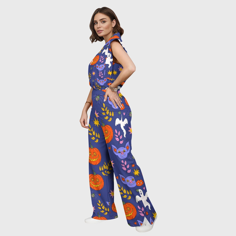 Women's Stand-Up Tie Zipper Halloween Printed Scrub Set SW9275