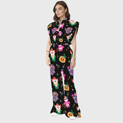 Women's Stand-Up Tie Zipper Halloween Printed Scrub Set SW9276
