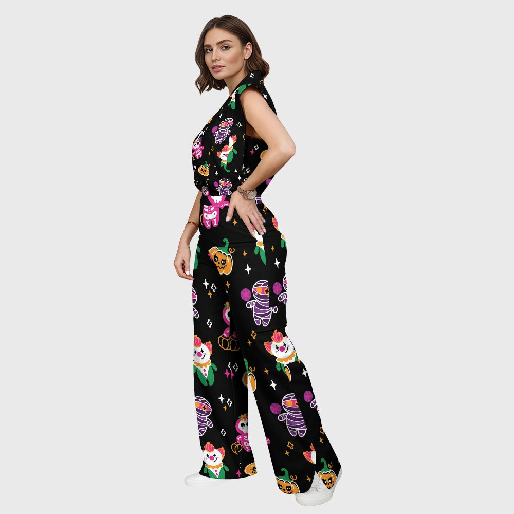 Women's Stand-Up Tie Zipper Halloween Printed Scrub Set SW9276