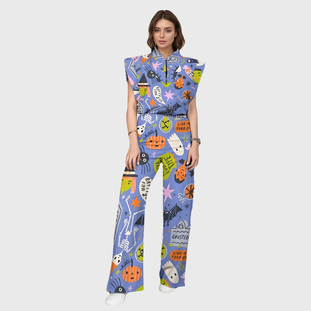 Women's Stand-Up Tie Zipper Halloween Printed Scrub Set SW9278