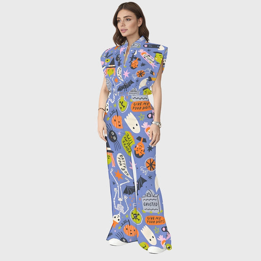Women's Stand-Up Tie Zipper Halloween Printed Scrub Set SW9278