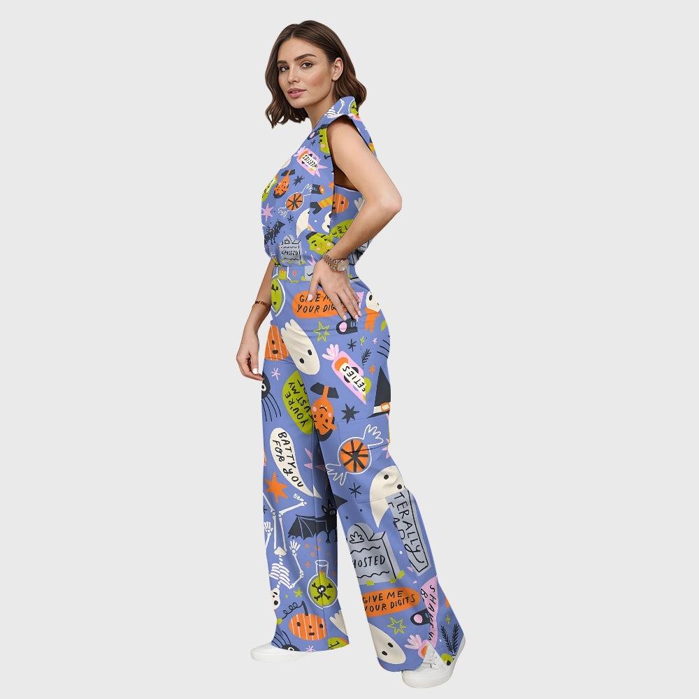 Women's Stand-Up Tie Zipper Halloween Printed Scrub Set SW9278