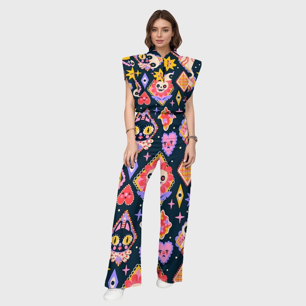 Women's Stand-Up Tie Zipper Halloween Printed Scrub Set SW9279