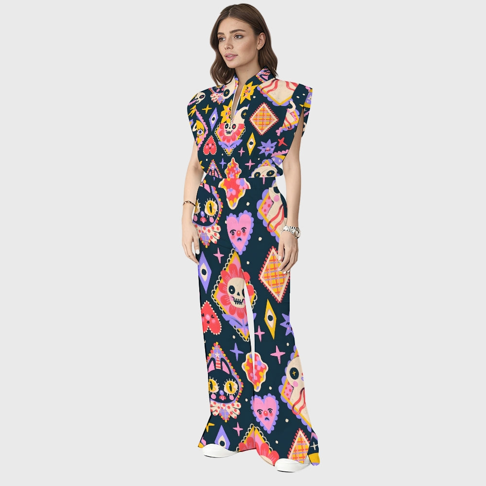 Women's Stand-Up Tie Zipper Halloween Printed Scrub Set SW9279