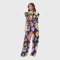 Women's Stand-Up Tie Zipper Halloween Printed Scrub Set SW9279