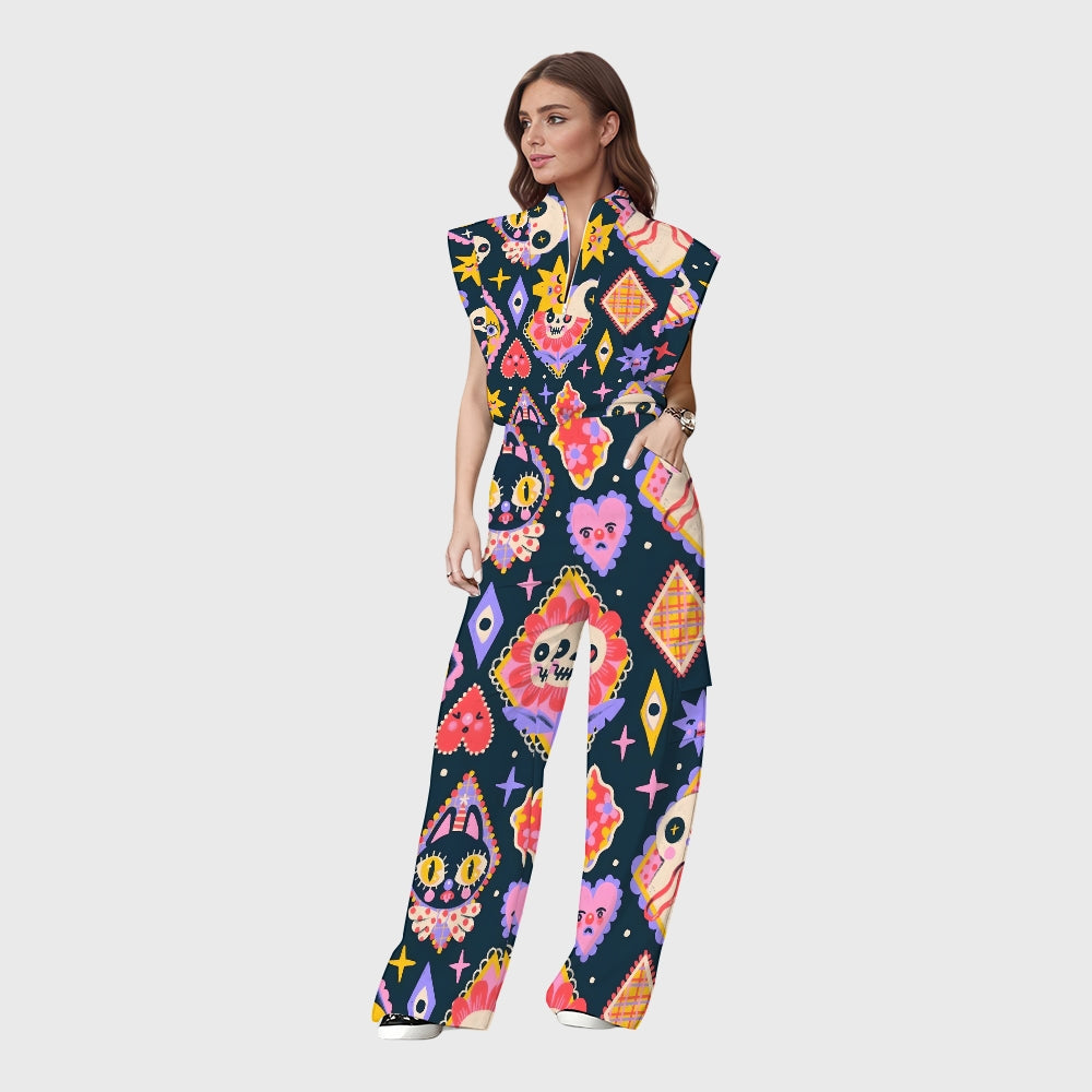 Women's Stand-Up Tie Zipper Halloween Printed Scrub Set SW9279